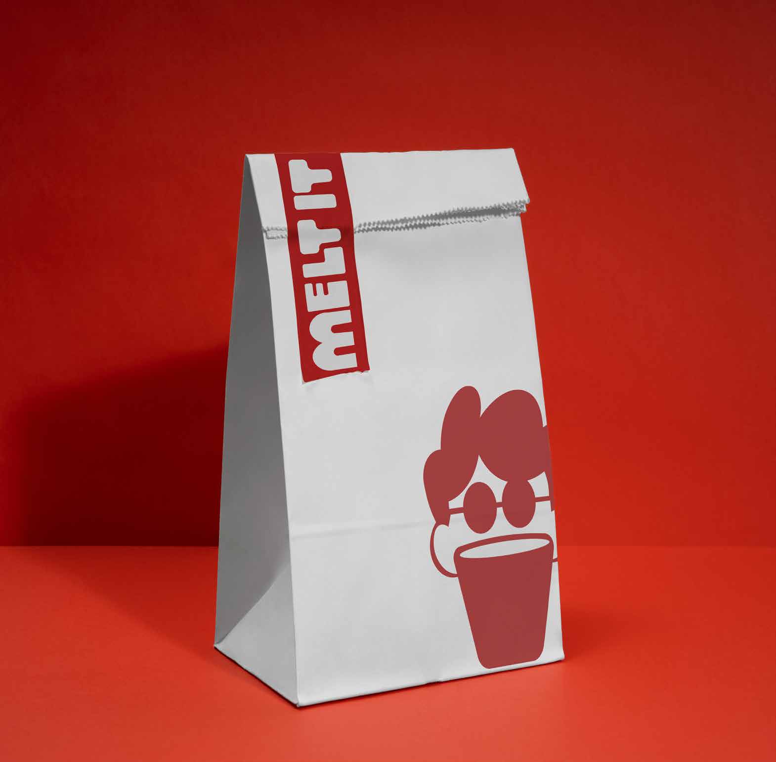 MELT IT red branded bag on red background